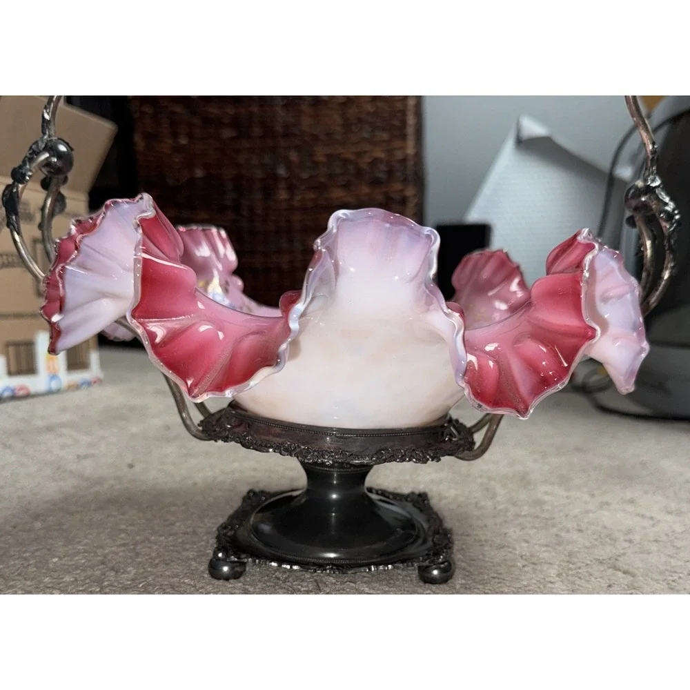 Victorian Pink Cranberry Bride's Basket | E.G Webster Quadruple Silverplate 1880